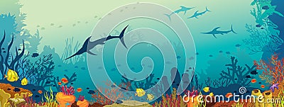 Underwater marine life - coral reef and marlin fish. Cartoon Illustration