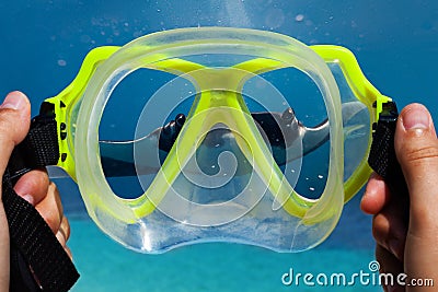 Underwater mask in hands of diver and manta ray Stock Photo