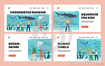 Underwater Museum Landing Page Template Set. Children in Oceanarium, Characters Learn Marine Flora, Fauna, Sea Animals Vector Illustration