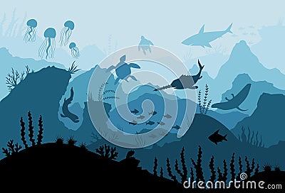 Underwater ocean fauna. Deep sea plants, fishes and animals. Marine seaweed, fish under water and animal silhouette with Vector Illustration