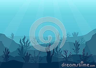 Underwater ocean scene. Deep blue water, coral reef and underwater plants. Marine sea bottom silhouette with seaweed Vector Illustration