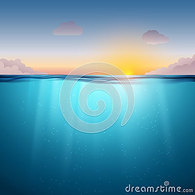 Underwater ocean surface. Blue water background and sunset. Clean nature sea underwater backdrop with sky Vector Illustration