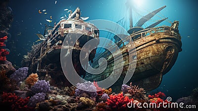 Underwater Ocean: A Wrecked Ship Amidst Corals And Historical Genre Scenes Stock Photo