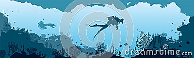 Underwater panorama illustration with fishes and underwater plants silhouettes. Vector Illustration