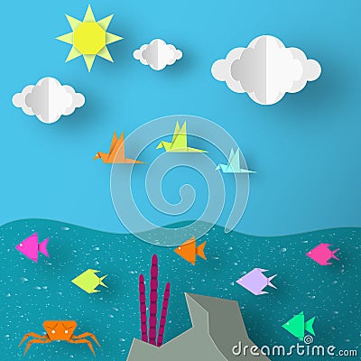 Underwater Paper Word Vector Illustration