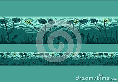 Underwater pixel landscape. Seamless scene with underwater nature, plants and fish. Vector Illustration