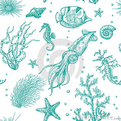 Underwater Plants and Animals Pattern Vector Illustration