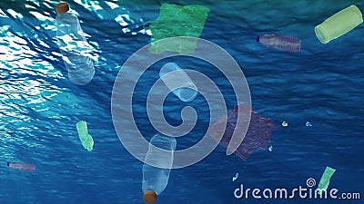 Underwater plastic garbage trash in the ocean. Polluted water with plastic garbage. 3D animation ocean waste plastic Stock Photo