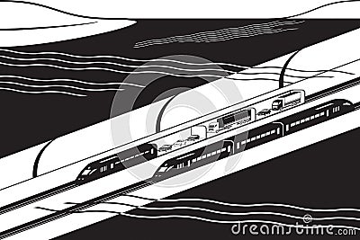 Underwater railway tunnel with freight and passenger trains Vector Illustration