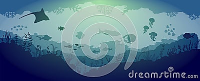 Underwater reef wildlife on blue sea background Vector Illustration