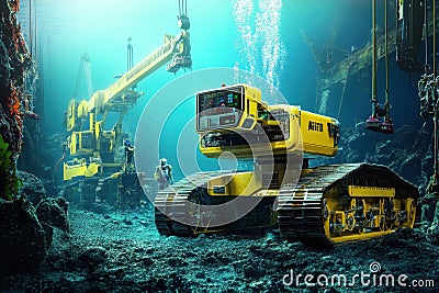 Underwater robots explore sunken structures in a deep ocean environment for research Stock Photo
