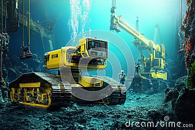 Underwater robots explore sunken structures in a deep ocean environment for research Stock Photo