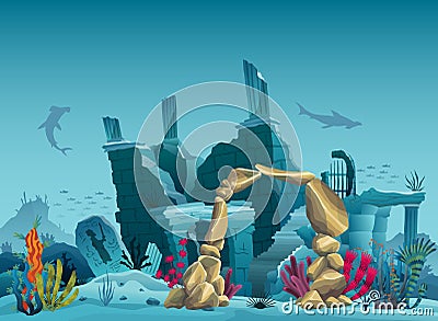 Underwater ruins of the old city and sandstone arch. Silhouette of blue sea background. Natural underwater seascape Vector Illustration