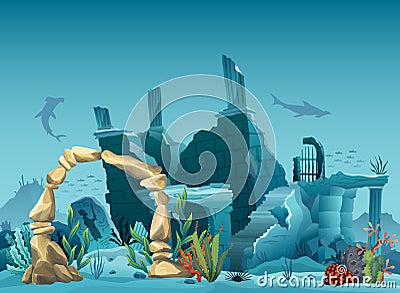 Underwater ruins of the old city and sandstone arch. Silhouette of blue sea background. Natural underwater seascape Vector Illustration