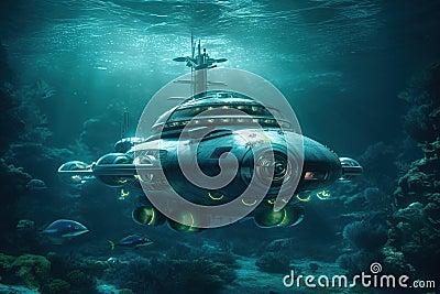 Underwater scene with big sci-fi fantastic submarine. Stock Photo