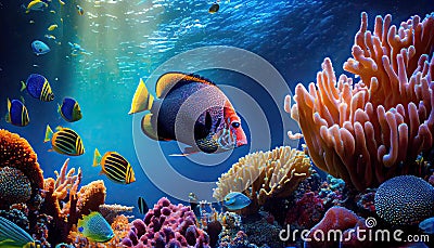 fish groups and sunny sky shining through clean ocean water. Stock Photo