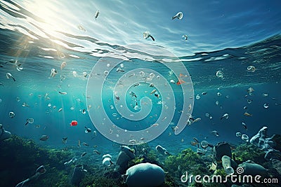 Underwater scene with fishes and coral reef. 3d render, Plastic pollution in the sea. Global warming concept. 3d rendering, AI Stock Photo