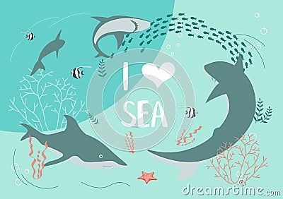 Underwater scene with a flock of sharks on aquamarine background Vector Illustration