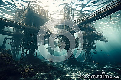 Underwater scene of an oil and gas subsea production system, complete with wells, manifolds, and pipelines Stock Photo