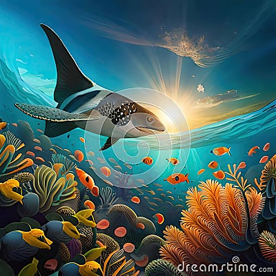 Underwater scene with shark and coral reef Cartoon Illustration