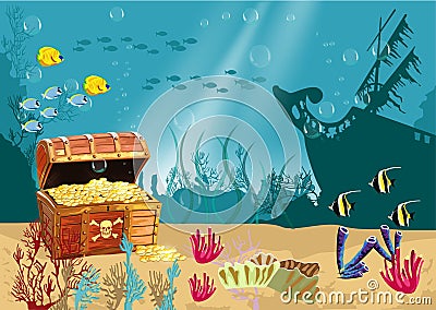 Underwater scenery with an open pirate treasure chest Vector Illustration