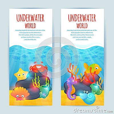 Underwater sea animals vertical banners set Vector Illustration