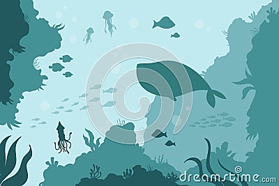 Underwater sea bottom with squid jellyfish whale, ocean sea salt waters with coral reef Vector Illustration