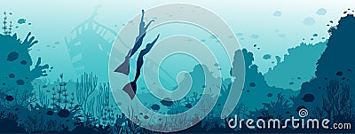 Underwater sea - freedivers, coral reef, fish, sunken ship Vector Illustration