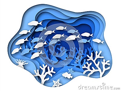 Underwater sea paper cut. Ocean bottom reefs with sea animals, corals and fish, seaweed. Blue seabed paper origami Vector Illustration