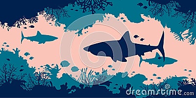 Underwater sea, shark, coral cave, fish, Vector Illustration