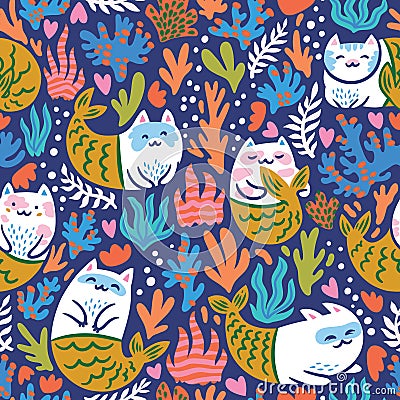 Underwater seamless pattern with cats mermaid, seaweed and corals Vector Illustration