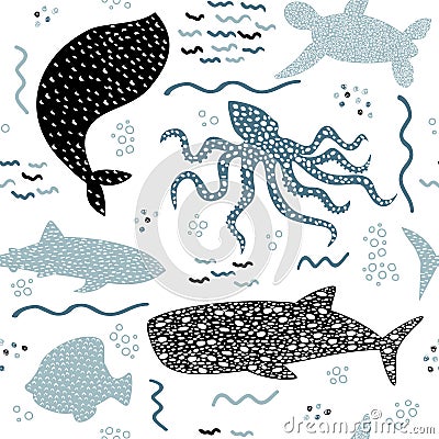 Underwater seamless pattern with whale, squid, fish, turtle and shark on white background. Hand drawn repeat pattern for wrapping. Vector Illustration