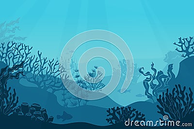 Underwater seascape. Seafloor, undersea with seaweed. Dark saltwater with corals silhouettes. Ocean reef bottom Vector Illustration