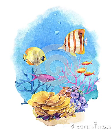 Underwater set of different compositions with coral reefs and tropical fish. Stock Photo