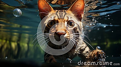 Underwater shot capturing a Bengal cat swimming Stock Photo