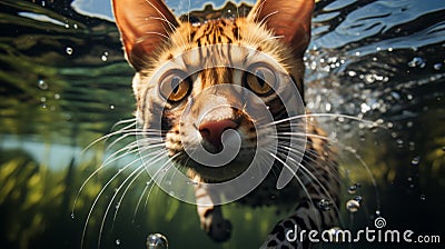 Underwater shot capturing a Bengal cat swimming Stock Photo