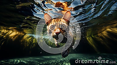 Underwater shot capturing a Bengal cat swimming Stock Photo