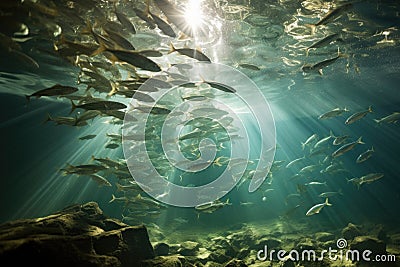 an underwater shot capturing a swarm of minnows in a lake Stock Photo