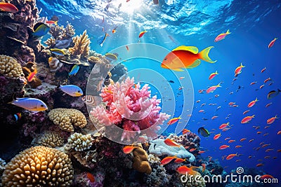 Underwater shot of coral fish, corals and anemones Stock Photo