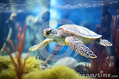 underwater shot of sea turtle near seaweed Stock Photo