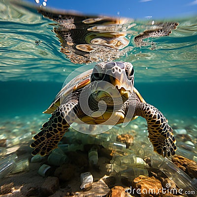 Underwater shot of a sea turtle among plastic trash, Cartoon Illustration