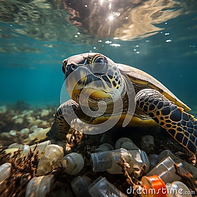 Underwater shot of a sea turtle among plastic trash, Cartoon Illustration
