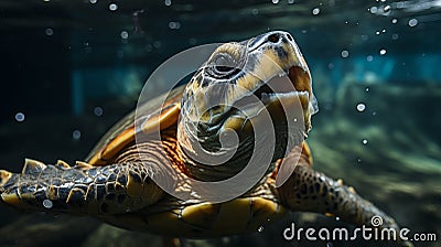 Underwater shot of a sea turtle among plastic trash, Cartoon Illustration