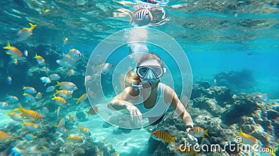 Underwater shot of woman snorkeling in coral reef. Generative AI Stock Photo