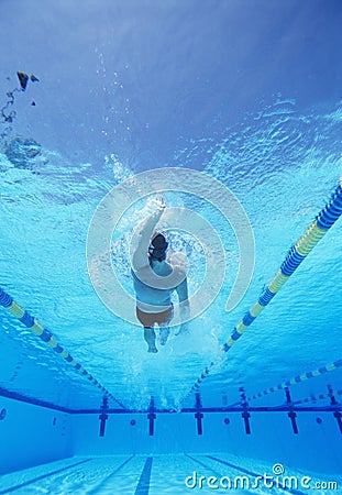 Underwater shot of young male athlete doing backstroke in swimming pool Stock Photo