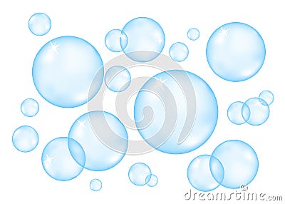 Underwater sparkling oxygen blue bubbles in fizzing water. Vector Illustration