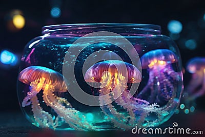 Underwater Spectrum: Rainbow Illumination of Jellyfish in a Jar Stock Photo