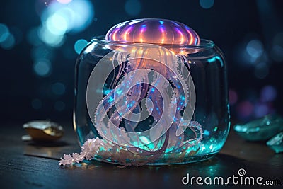 Underwater Spectrum: Rainbow Illumination of Jellyfish in a Jar Stock Photo