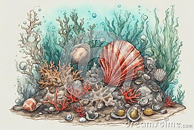 Underwater still life with shells and corals. Hand drawn colored sketch of underwater junk such as shells small coins peebles red Stock Photo