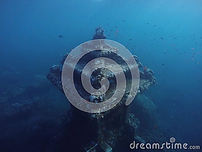 Underwater temple near the coral reef in the deep blue sea, snokeling in Bali Stock Photo